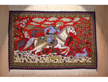 Fine Persian carpet "Ghom" Wool 91x59 cm Red