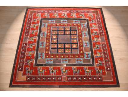 Leather carpet combination leather and carpet 147x147 cm Red