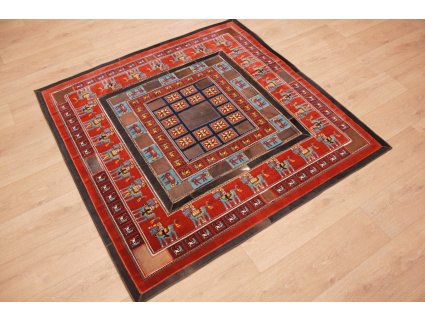 Leather carpet combination leather and carpet 147x147 cm Red