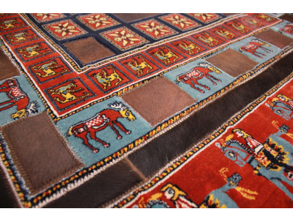 Leather carpet combination leather and carpet 147x147 cm Red