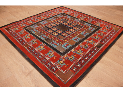 Leather carpet combination leather and carpet 147x147 cm Red