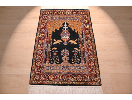 Hand-knotted chinese pure silk carpet 95x65 cm Blue