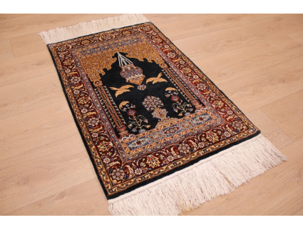 Hand-knotted chinese pure silk carpet 95x65 cm Blue