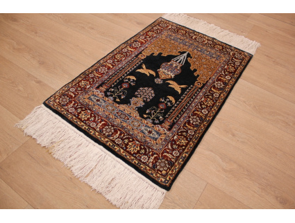 Hand-knotted chinese pure silk carpet 95x65 cm Blue