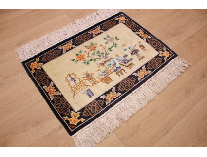 Hand-knotted chinese pure silk carpet 93x60 cm Beige