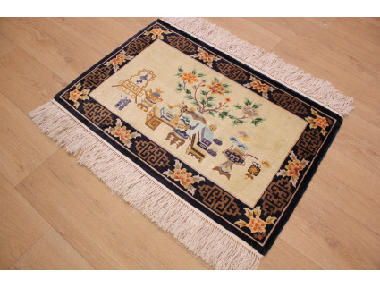 Hand-knotted chinese pure silk carpet 93x60 cm Beige