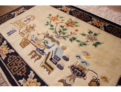 Hand-knotted chinese pure silk carpet 93x60 cm Beige