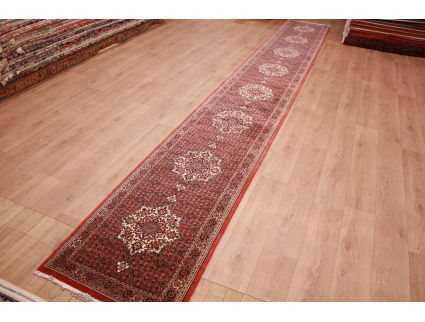 Runner Persian carpet "Bidjar" with silk 598x78 cm Red