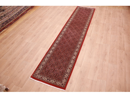 Runner Persian carpet "Bidjar" with silk 394x82 cm Red Allover