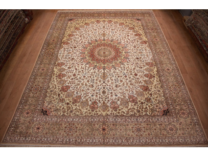 Hand-knotted chinese pure silk carpet 427x305 cm Beige