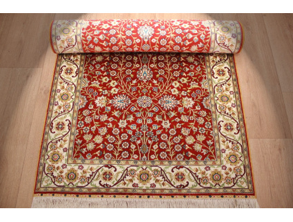 Very fine Hand-knotted pure silk Runner "Hereke" 305x78 cm Red