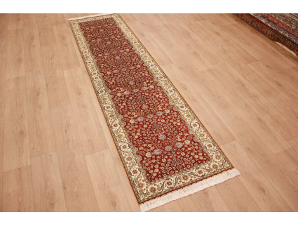 Very fine Hand-knotted pure silk Runner "Hereke" 305x78 cm Red