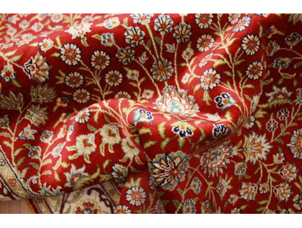 Very fine Hand-knotted pure silk Runner "Hereke" 305x78 cm Red