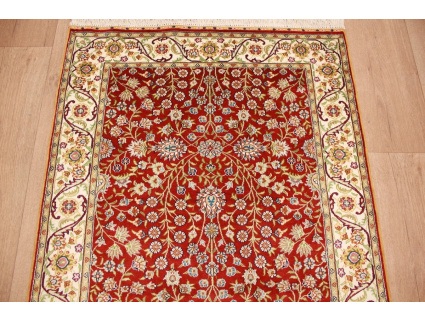 Very fine Hand-knotted pure silk Runner "Hereke" 305x78 cm Red