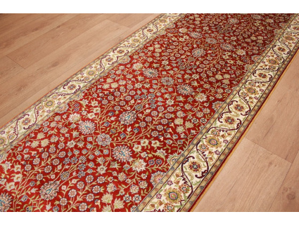 Very fine Hand-knotted pure silk Runner "Hereke" 305x78 cm Red