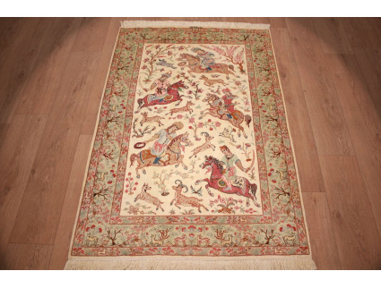 Persian carpet Gom pure Silk hunting 148x101 cm Beige