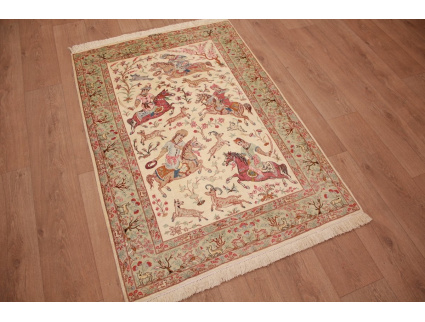 Persian carpet Gom pure Silk hunting 148x101 cm Beige