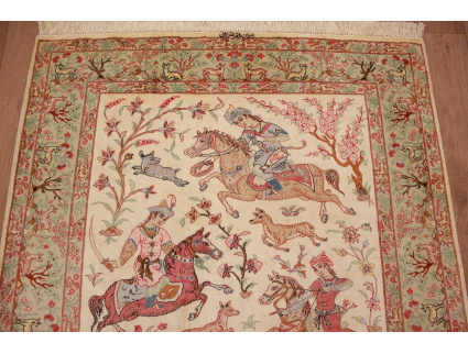 Persian carpet Gom pure Silk hunting 148x101 cm Beige