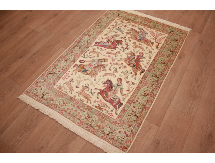 Persian carpet Gom pure Silk hunting 148x101 cm Beige