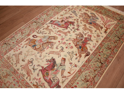 Persian carpet Gom pure Silk hunting 148x101 cm Beige