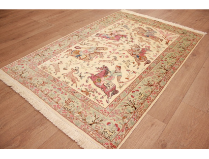 Persian carpet Gom pure Silk hunting 148x101 cm Beige