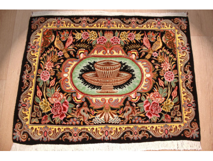 Fine Persian carpet Ghom Wool 92x69 cm Blak