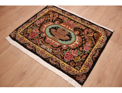 Fine Persian carpet Ghom Wool 92x69 cm Blak