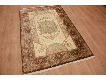 Silk persian carpet Qum rug 210x135 cm Beige