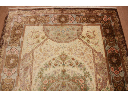 Silk persian carpet Qum rug 210x135 cm Beige