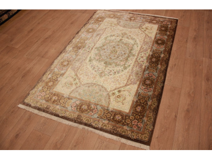 Silk persian carpet Qum rug 210x135 cm Beige