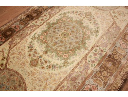 Silk persian carpet Qum rug 210x135 cm Beige