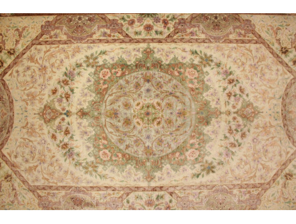 Silk persian carpet Qum rug 210x135 cm Beige