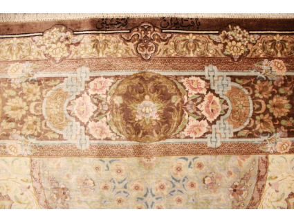 Silk persian carpet Qum rug 210x135 cm Beige